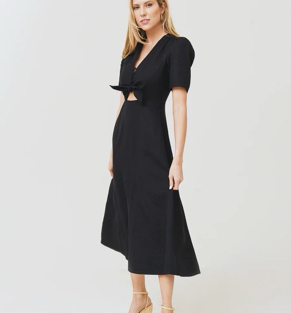 Hunter Bell Black Pierce Midi Dress Tie Front Linen Blend Sz 12